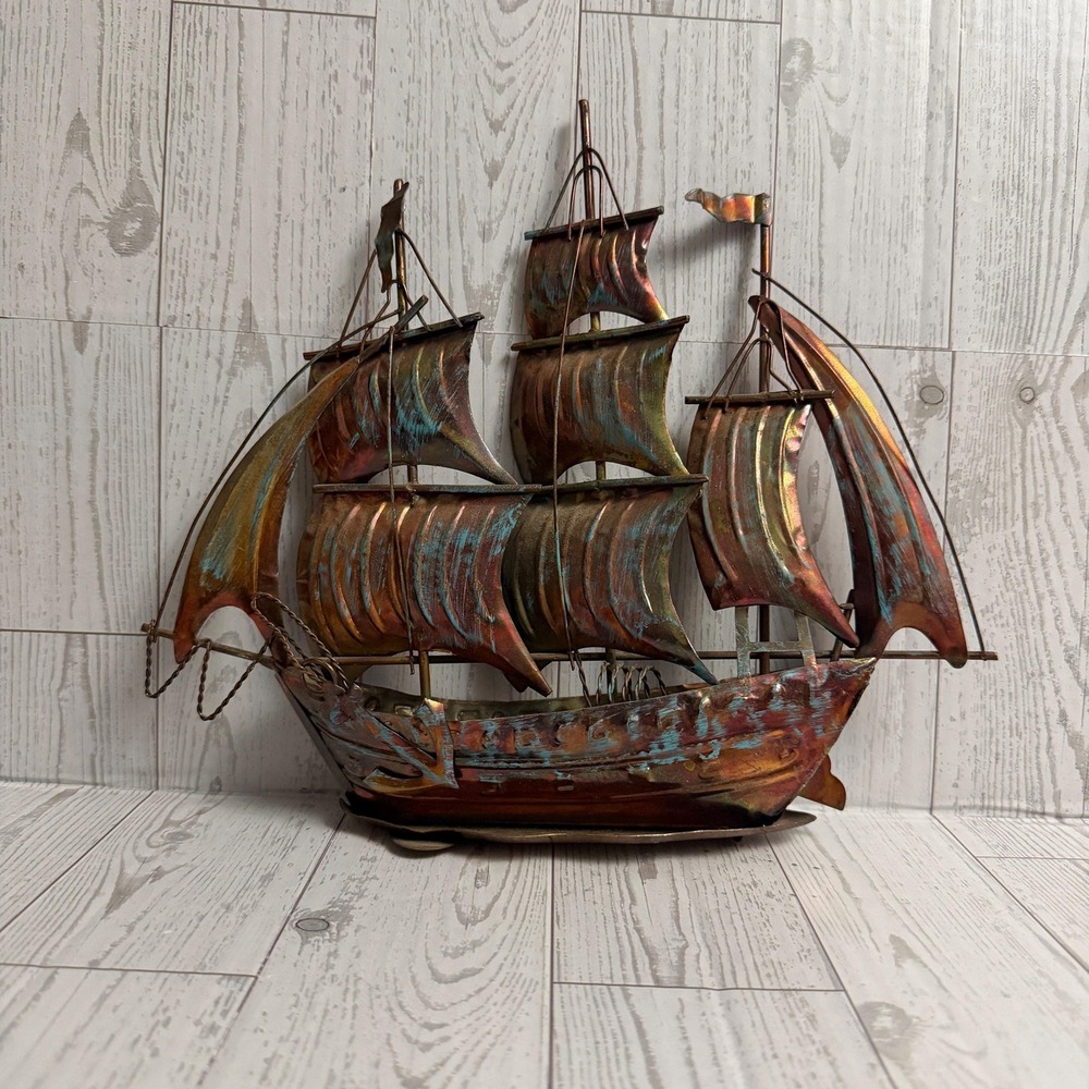 Vintage Copper Metal Ship Sculpture Nautical Decor Rustic Galleon Art Maritime